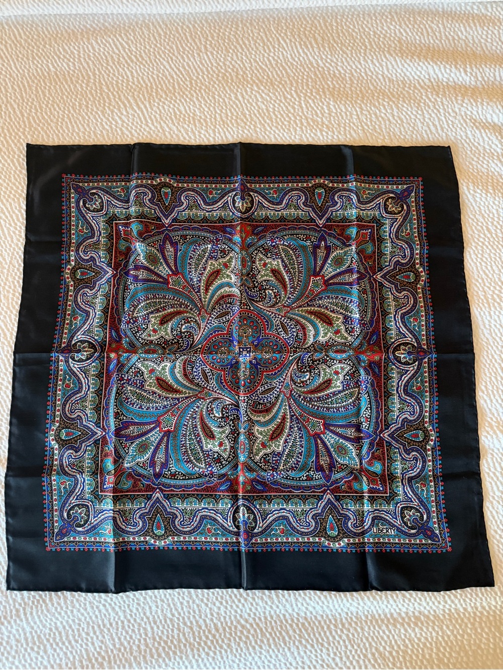 Liberty of London All Silk Square Scarf Black Paisley Medallion Made in England